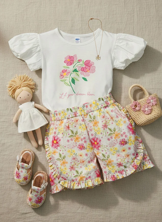 Luxe & Hardy تيشيرت قطني خالص مطبوع للبنات مع شورت